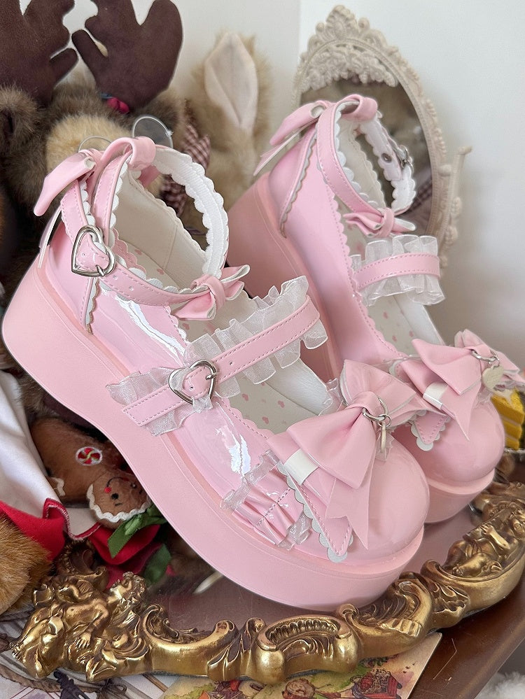 Sweet Pink Platform Mary Janes Bow Embellished Scalloped Heels - Pu Yue Meng | CoyBunny