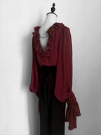 Crimson Poet Shirt with Floral Pins and Chain Accents - Shi Zhi Mao | CoyBunny
