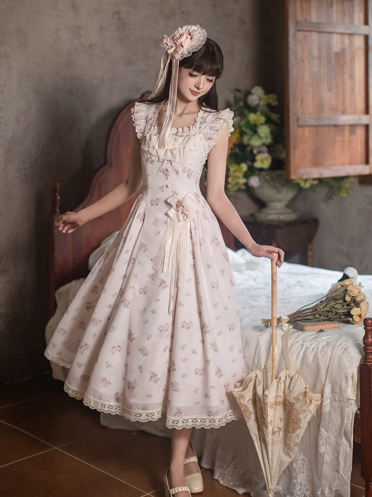 Graceful Pink Floral Lace JSK Dress with Brooch Set | CoyBunny