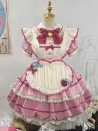 Strawberry Theme Sweet Lolita OP with Apron, Sakura Pink Striped Pattern - Sakurahime | CoyBunny