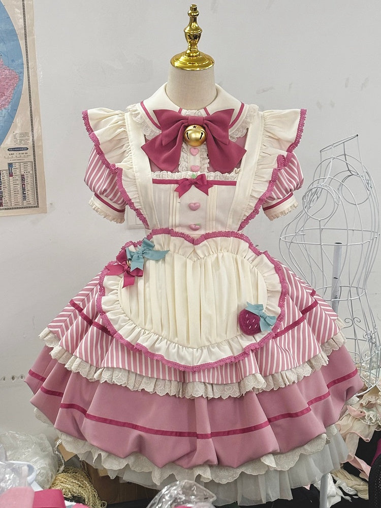 Strawberry Theme Sweet Lolita OP with Apron, Sakura Pink Striped Pattern - Sakurahime | CoyBunny