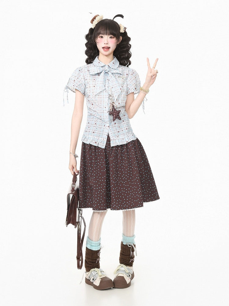 Blue Kawaii Star Plaid Short Sleeve Shirt with Bow - Languid Park | CoyBunny