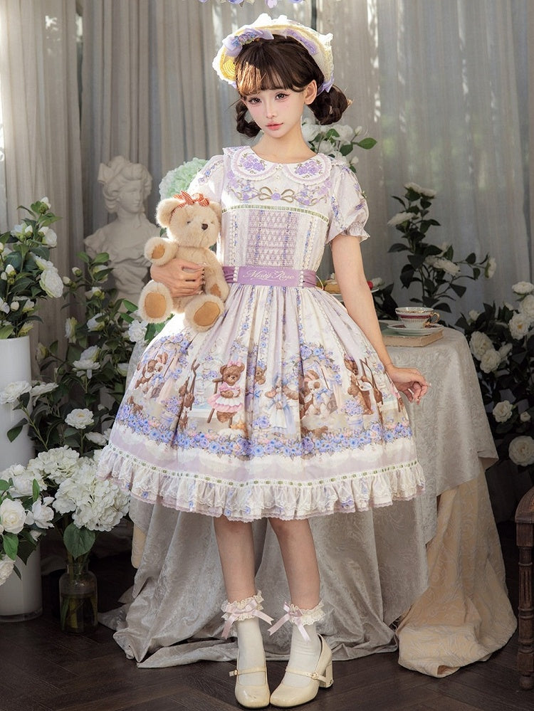 Cute Bear Print OP Dress with Purple Floral Embroidery, Doll Collar & Puff Sleeves - Stars Fall on the Foggy Island | CoyBunny