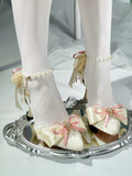 Beige Lace Trim Pointed Toe Lolita Shoes with Pink Bow - Miaomiao Just for You | CoyBunny