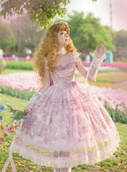 Pink Deer & Floral Print Flutter Sleeves Sweet Lolita JSK Dress with Overlay - Honey Machine | CoyBunny