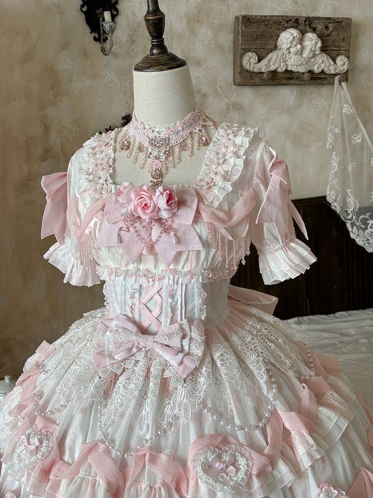 Rose Hanayome Lolita Hime Gown with Detachable Sleeves, Flower Bows and Pearl Chains - sedef | CoyBunny