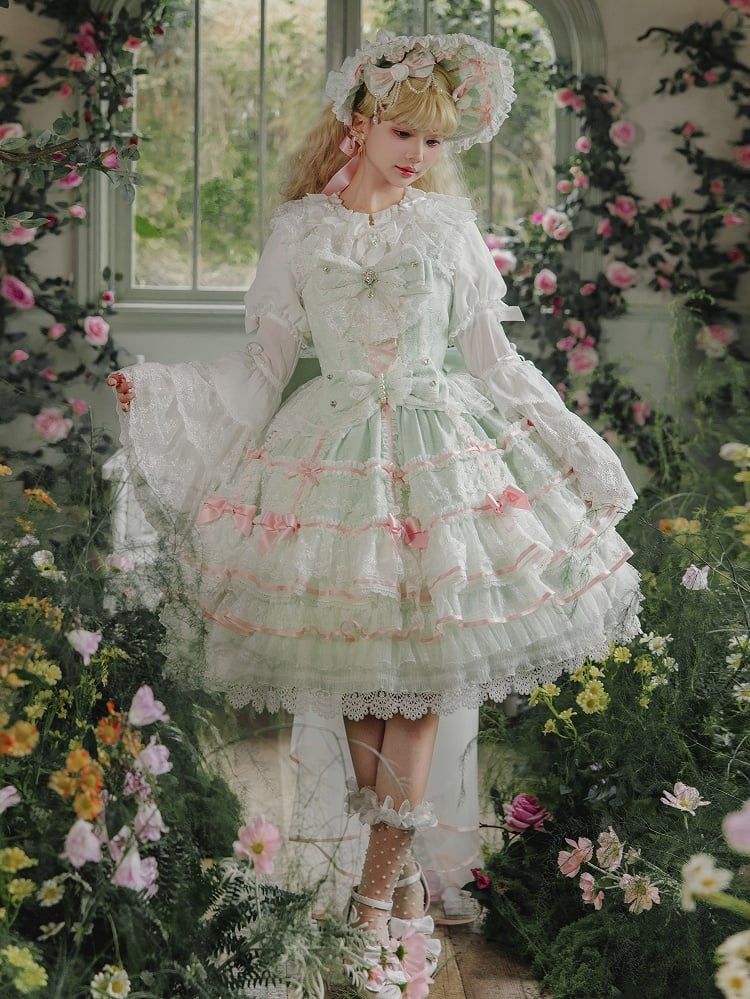 Mint Green Bows Layered Hime Lolita Jumper Skirt Set - Huating | CoyBunny