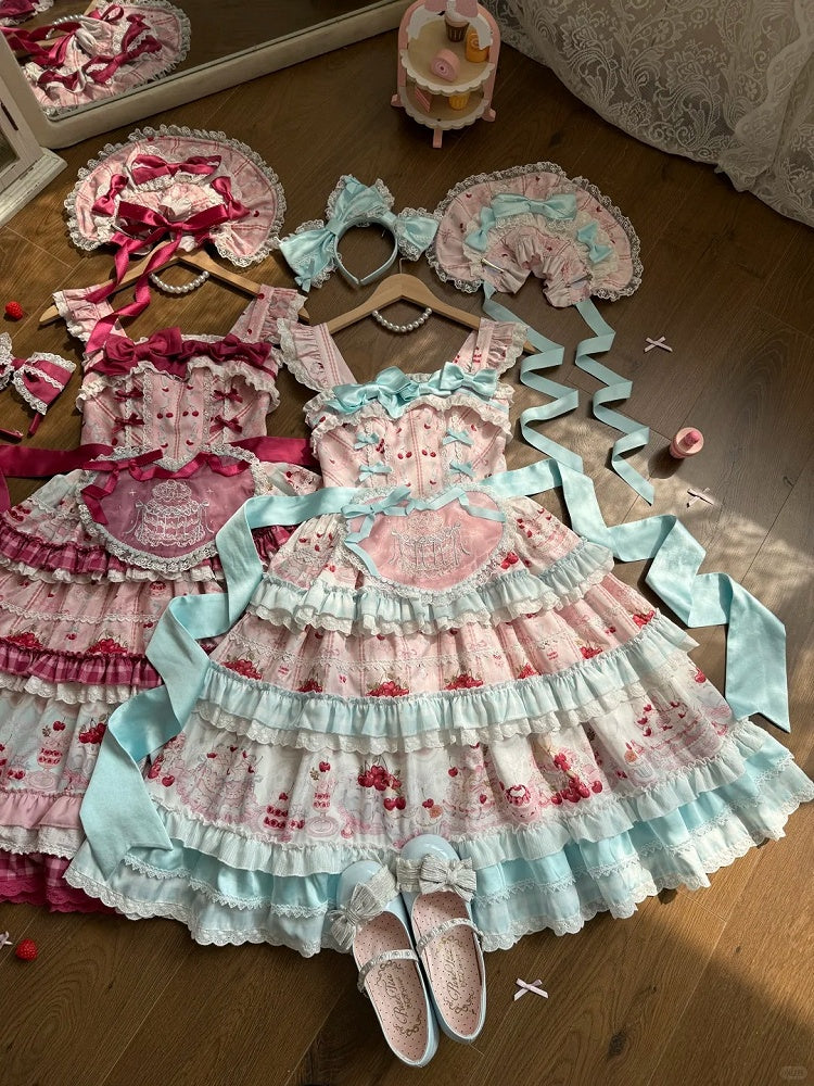 Blue Cherry Cake Print Sweet Lolita Dress with Bow Details - Strawberry Fantasy | CoyBunny