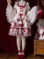 White Ruffled Neck Lolita Tiered Bell Sleeves Blouse Red Bows - Starry Messenger | CoyBunny