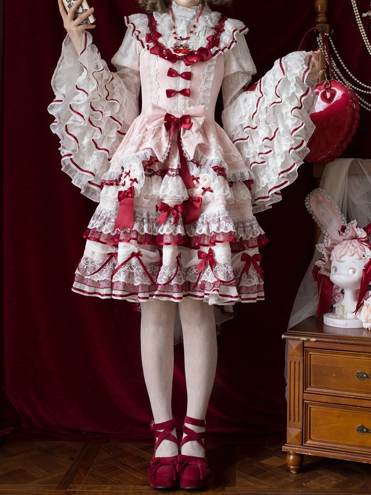 White Ruffled Neck Lolita Tiered Bell Sleeves Blouse Red Bows - Starry Messenger | CoyBunny