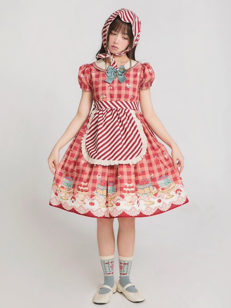 Red High-Waisted Cherry and Dessert Sweet Lolita Gingham Dress | CoyBunny