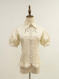 Beige Pleated Bodice Short Puff Sleeves Shirt | CoyBunny