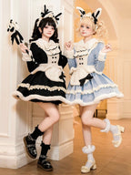 Black Long-Sleeve Plush Collar and Cuffs Sweet Lolita OP Full Set | CoyBunny