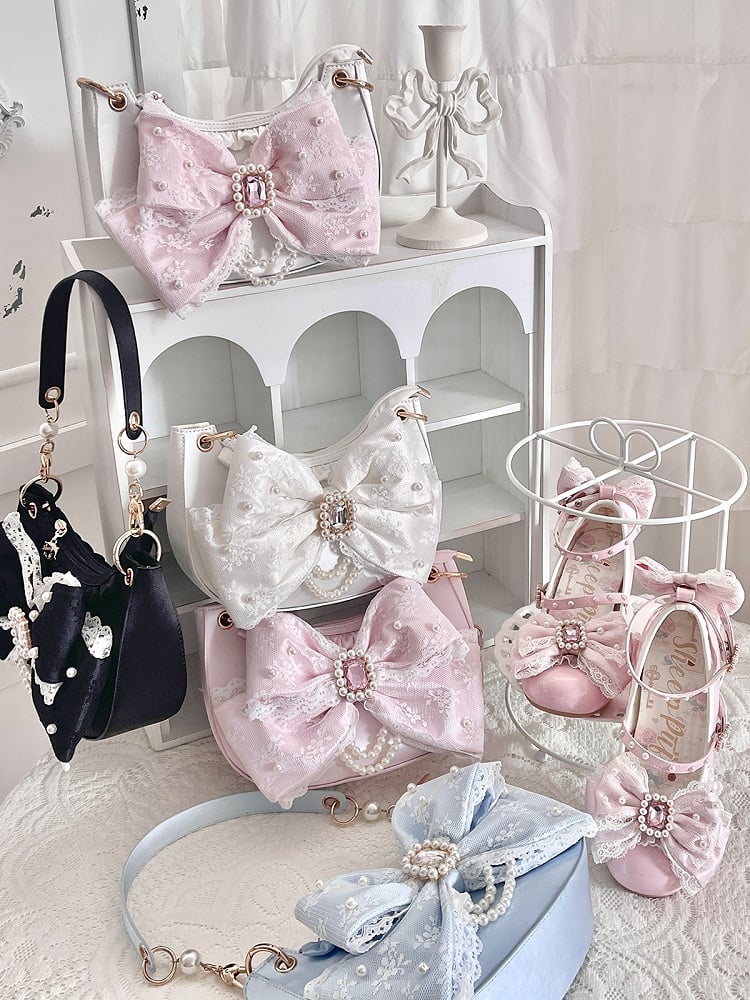 Sweet Lolita Satin Shoulder Bag with Sparkling Beaded Bow - Sheep Puff Bag | CoyBunny