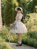 Beige and Brown Bunny Print Layered Ruffle Jumper Skirt with Bows - NnSTAR | CoyBunny