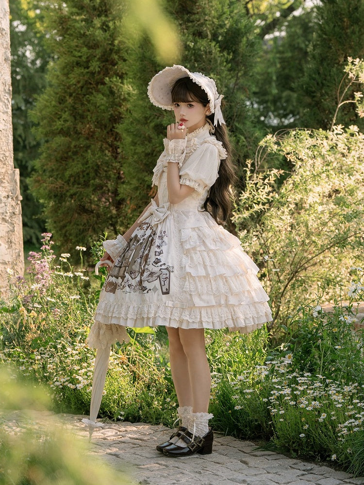 Beige and Brown Bunny Print Layered Ruffle Jumper Skirt with Bows - NnSTAR | CoyBunny