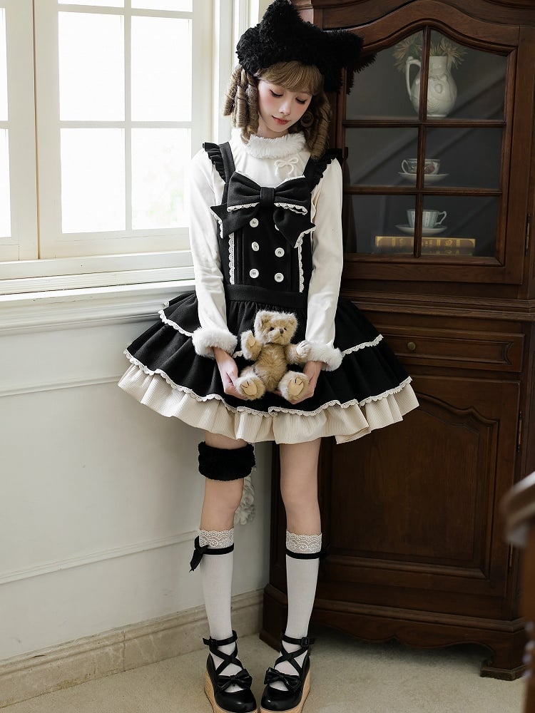 Sweet Winter Lolita Tiered Overall Dress in Black with Kitty Ear Hairband - With PUJI | CoyBunny