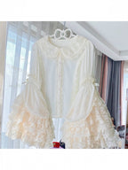Beige Tiered Lace Bell-Sleeve Chiffon Blouse - Qian Mu | CoyBunny