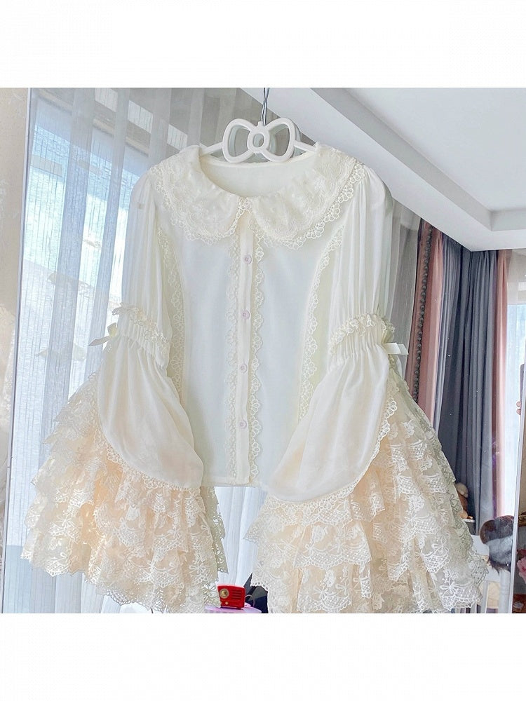 Beige Tiered Lace Bell-Sleeve Chiffon Blouse - Qian Mu | CoyBunny