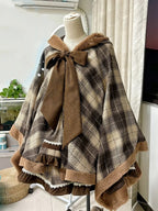 Brown Plaid Pattern Self-tie Big Bow Neckline Hooded Cape Coat | CoyBunny
