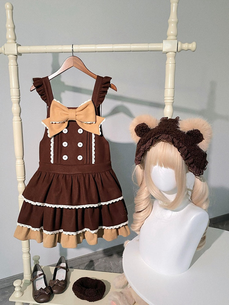 Sweet Lolita Overall Dress in Coffee with Dropped Waist Bow and Tiered Hem - With PUJI | CoyBunny