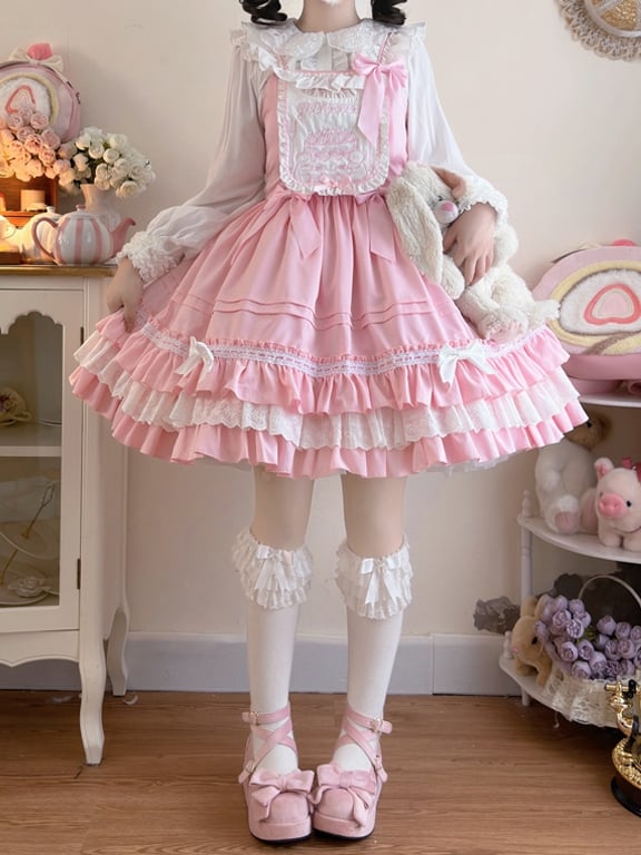 Teddy & Cake Embroidery Sweet Lolita Dress ¨C Square Neck Tiered Skirt | Miss Han | CoyBunny