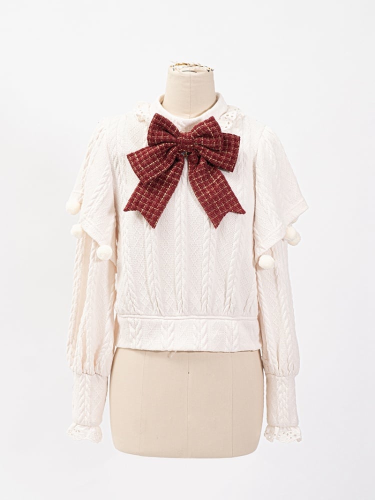 White Long-Sleeve Knitted Top Apron Blue Plaid Print Skirt Sweet Lolita Full Set | CoyBunny
