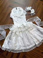 Elegant Ivory Floral Lace Applique Short OP Dress with Sash - Sleepless Unanswered | CoyBunny