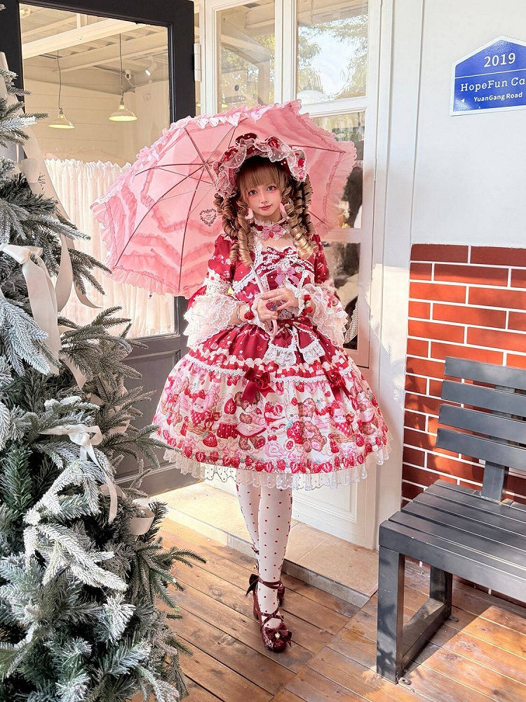 Red Bell Sleeves Sweet Lolita OP Dress with Teddy and Cake Print - Miss Han | CoyBunny
