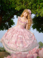 Pink Deer & Floral Print Flutter Sleeves Sweet Lolita JSK Dress with Overlay - Honey Machine | CoyBunny