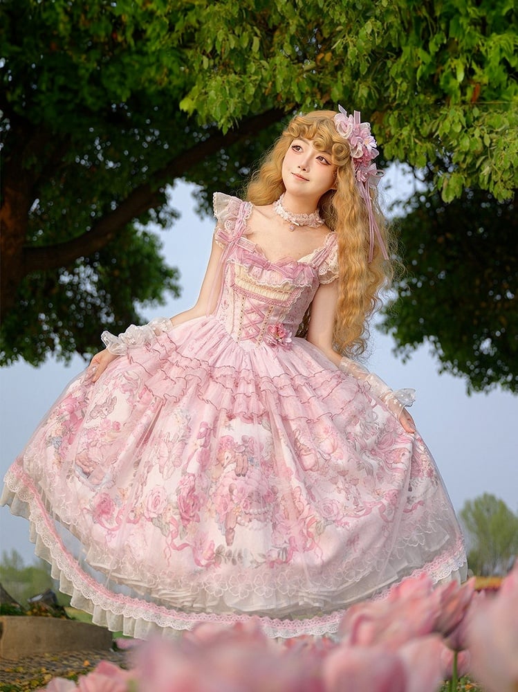 Pink Deer & Floral Print Flutter Sleeves Sweet Lolita JSK Dress with Overlay - Honey Machine | CoyBunny