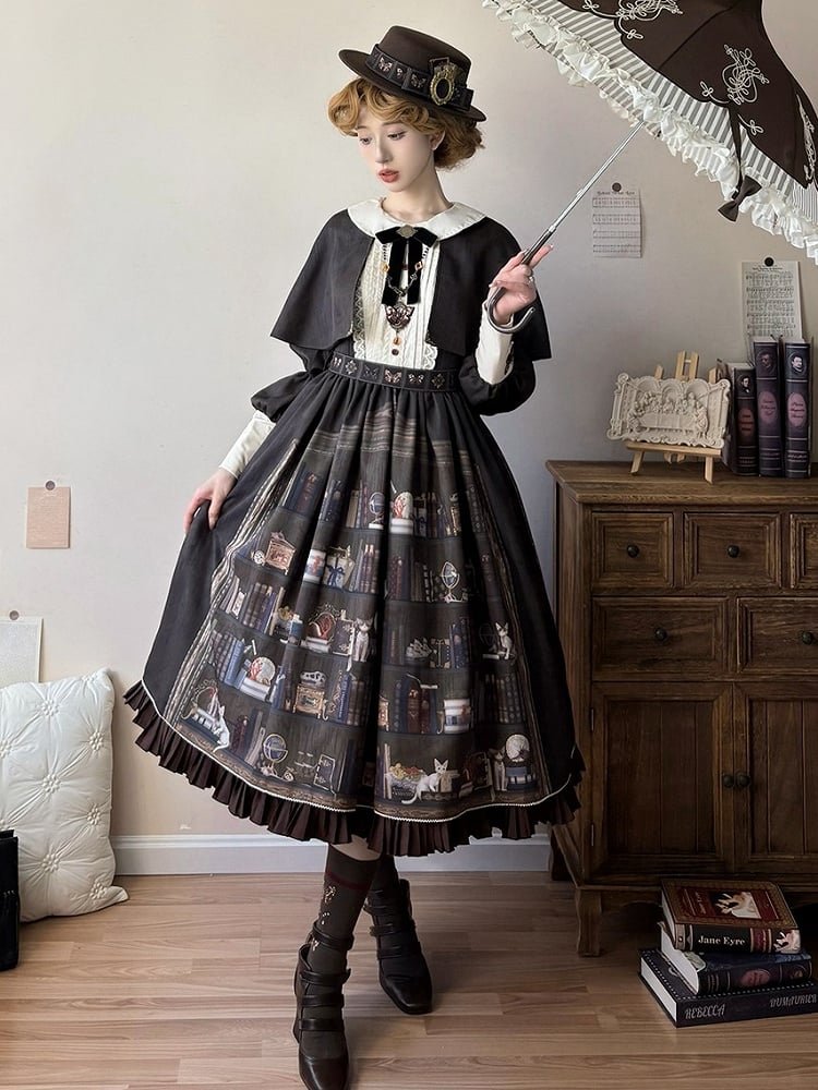 Dark Brown Bookshelf Print Long Sleeve Lolita Dress Cape - Miss Point | CoyBunny