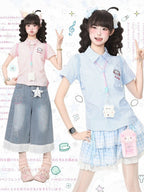 Pink Gingham Polo Short Sleeve Fitted Shirt Embroidery | CoyBunny