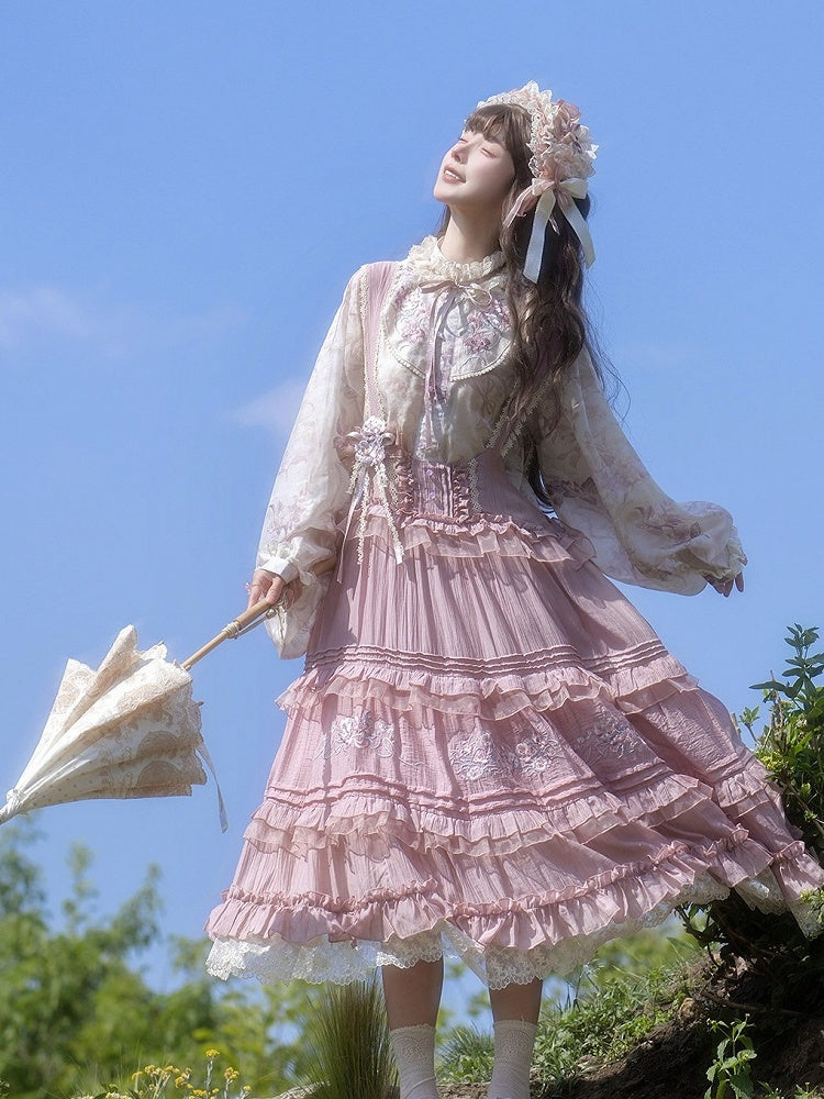 Sweet Purple Lolita JSK with Floral Embroidery & Ruffle Lace Trim - Luo Xiu Dong Xiang | CoyBunny