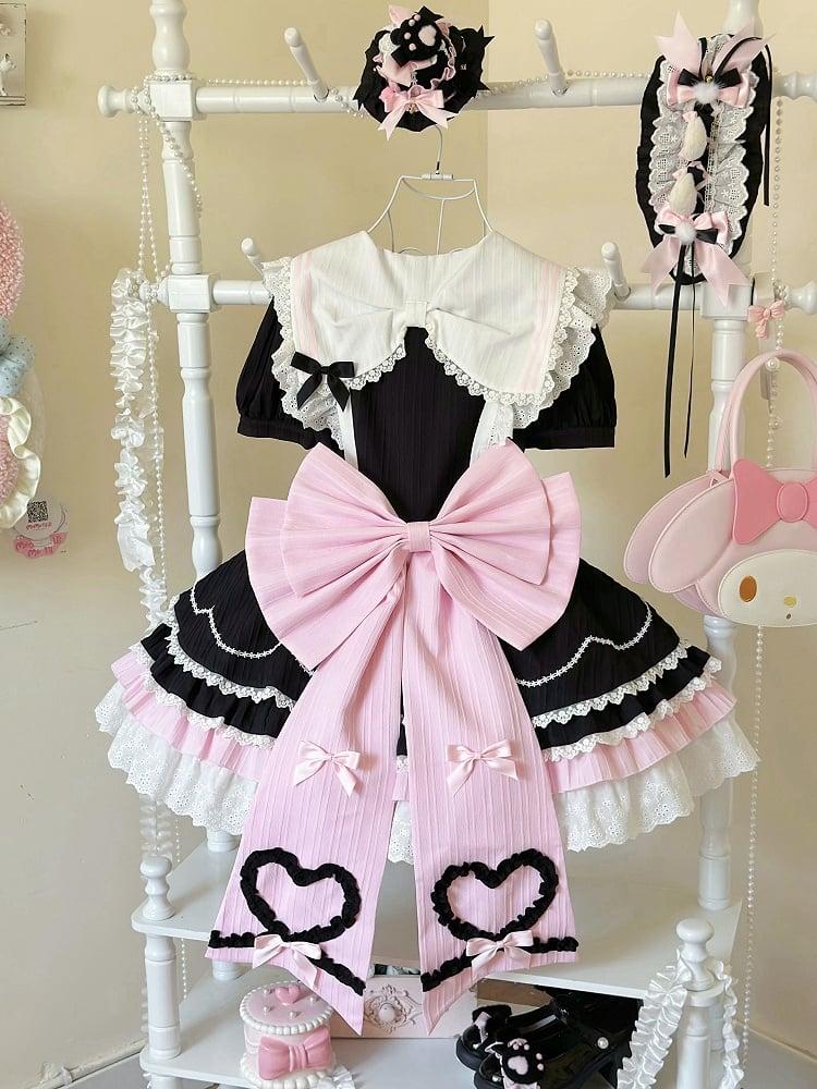 Black & Pink Kitty Maid Lolita Dress ¨C Sailor Collar Heart Apron Sweet JSK | For You | CoyBunny