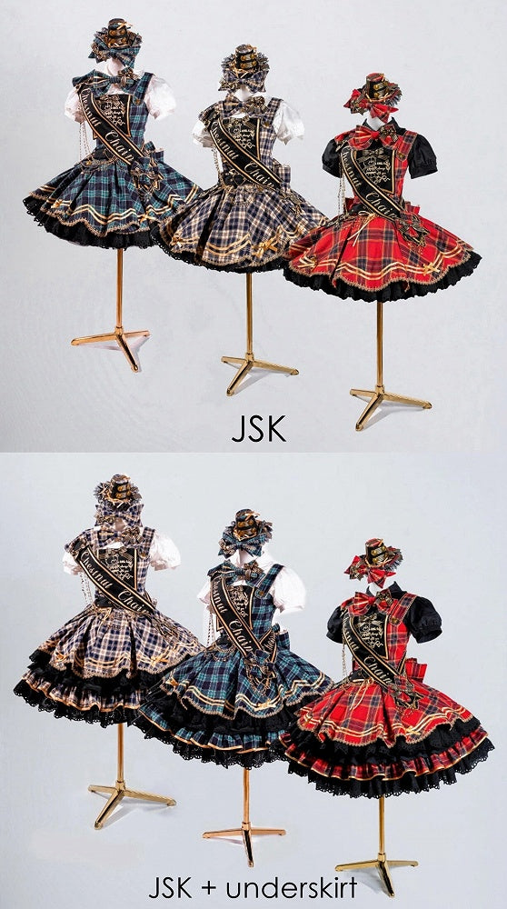 Green Idol Lolita Plaid JSK Dress with Golden Bear Embroidery and Black Scalloped Hem - LiLi Chain | CoyBunny
