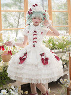 White Strawberry Princess Layered Ruffle Dress Sweet Lolita Jumper Skirt with Detachable Puff | CoyBunny