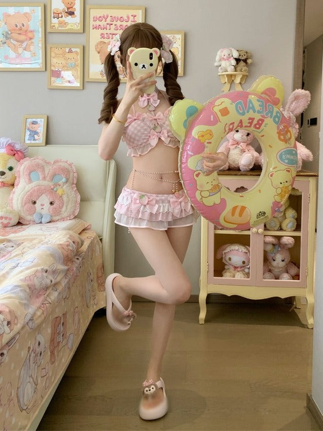 Sweet Strawberry Themed Light Pink Gingham Two-Piece Swimsuit Set Halter Top and Skirted Swim Brief - To Alice | CoyBunny