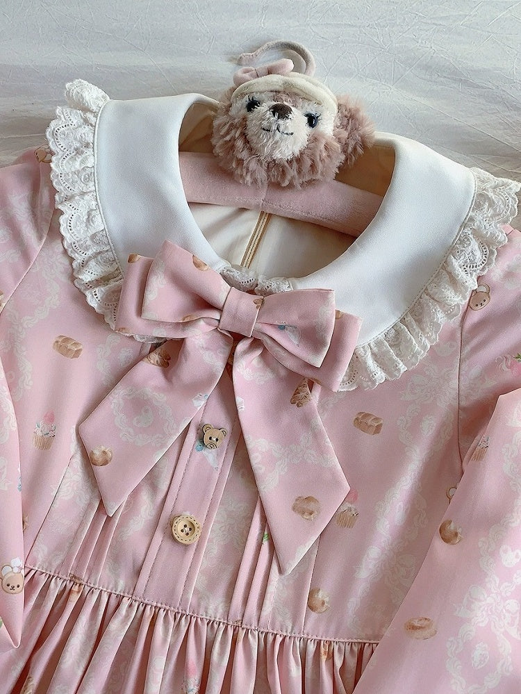 Pink Peter Pan Collar Bear & Cake Print Long-Sleeve OP Dress - Honey Village | CoyBunny
