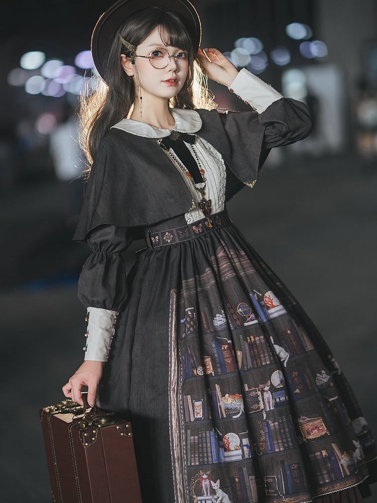 Dark Brown Bookshelf Print Long Sleeve Lolita Dress Cape - Miss Point | CoyBunny