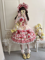 Teddy and Strawberry Print Yellow Sweet Lolita JSK Dress with Lace Trims and Bow Accents - Miss Han | CoyBunny