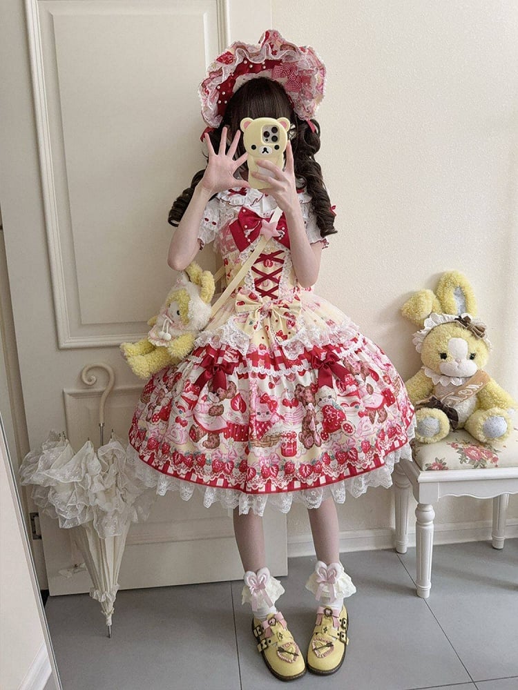 Teddy and Strawberry Print Yellow Sweet Lolita JSK Dress with Lace Trims and Bow Accents - Miss Han | CoyBunny