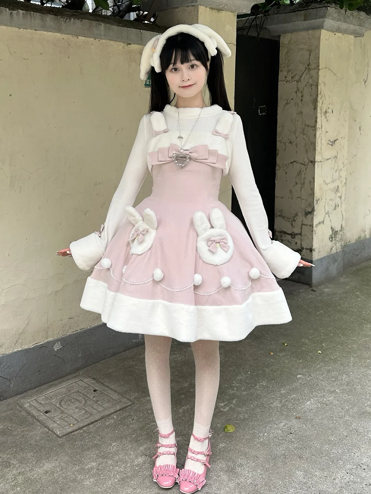 Pink Winter Sweet Bunny Theme Christmas Lolita Dress Plush Neckline and Hemline | CoyBunny