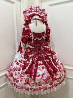 Red Bell Sleeves Sweet Lolita OP Dress with Teddy and Cake Print - Miss Han | CoyBunny