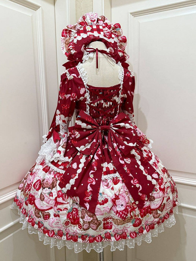 Red Bell Sleeves Sweet Lolita OP Dress with Teddy and Cake Print - Miss Han | CoyBunny