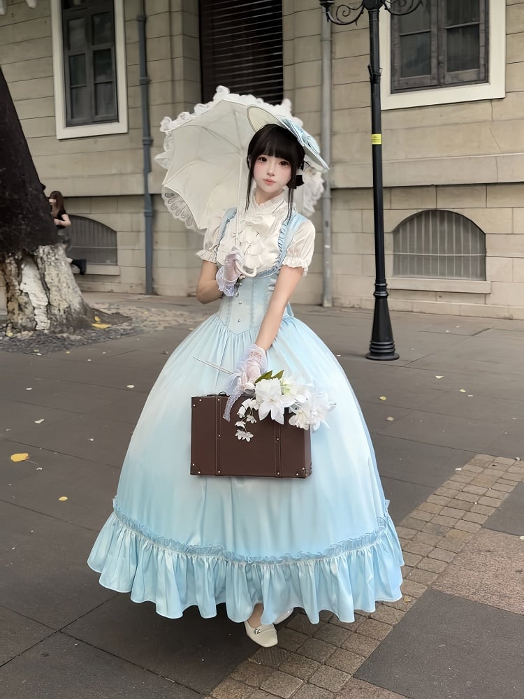 Light Blue Satin Basque Waist Under Bust Elegant Lolita JSK - Alice in Wonderland Lolita | CoyBunny