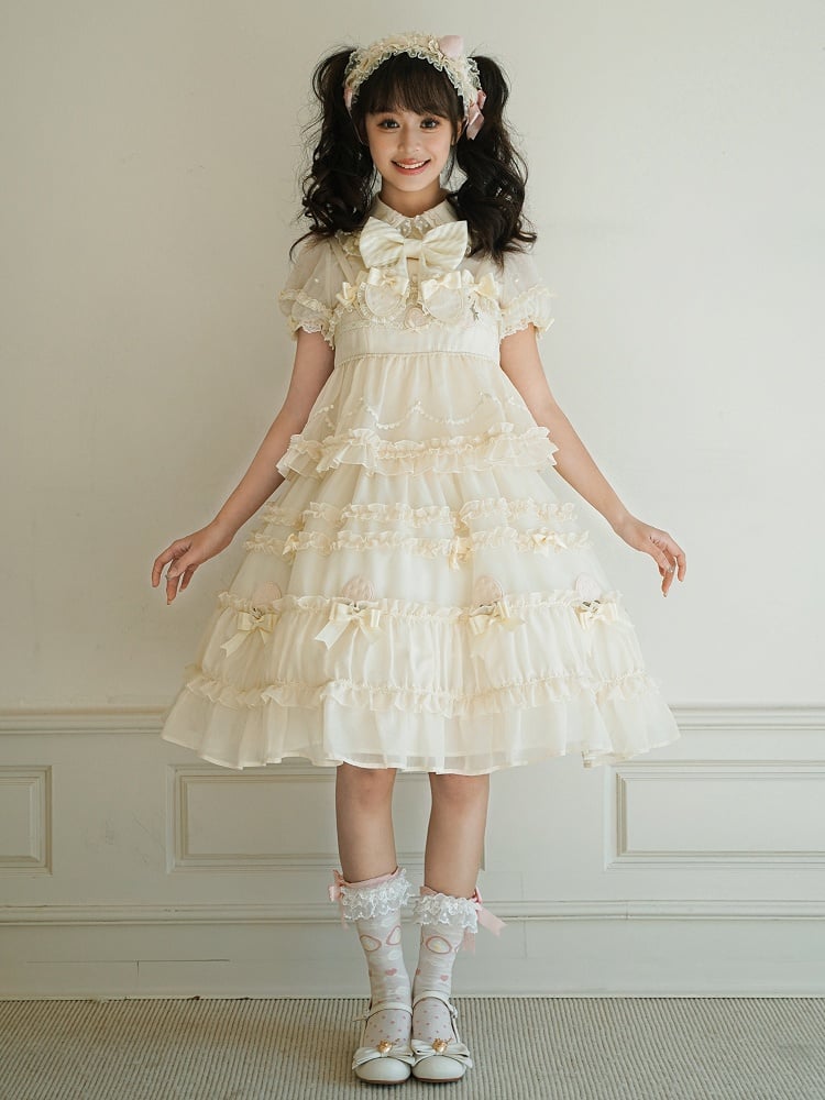 Beige Bow Accents Ruffle Trimming Sweet Lolita Layered-Look Dress | CoyBunny
