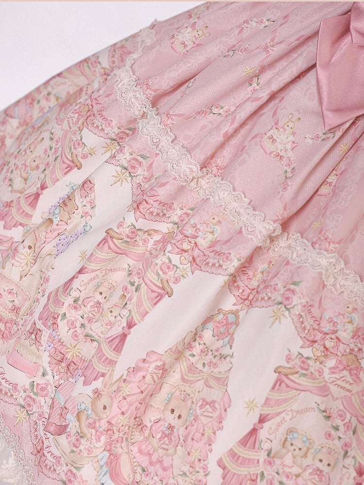Sweet Pink Doll-Themed Lolita JSK with Bow Accents and Toy Bed Print - Alice Girl | CoyBunny