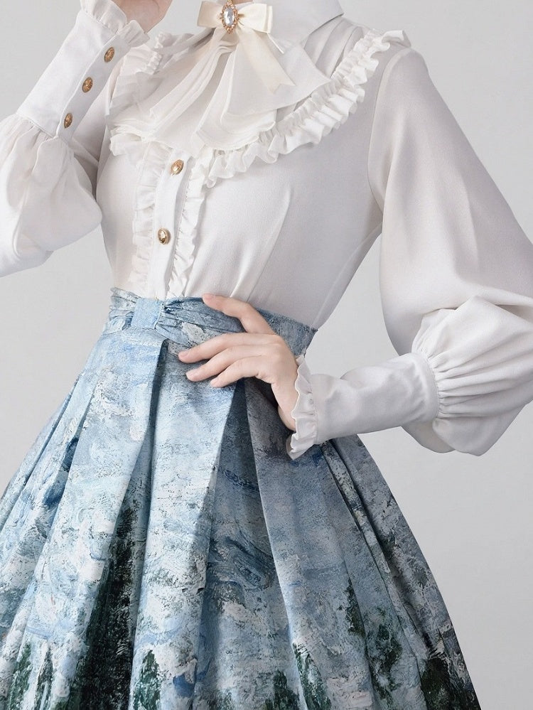 White Long Sleeve Flounce Hem Elegant Lolita Blouse with Puff Sleeves | CoyBunny