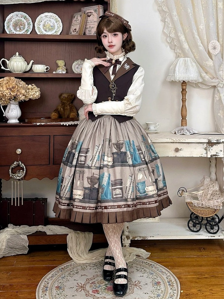 Gray Brown Coffee Cup Bookshelf Print Elegant Skirt Ruffled Hem - Dream Whale | CoyBunny